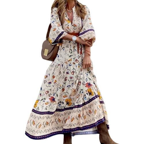 Fashion Casual Dress Autumn Woman V-Neck Lantern Half Sleeve Dresses Bohemian Party Floral Printed Sundress Vestidos Femme