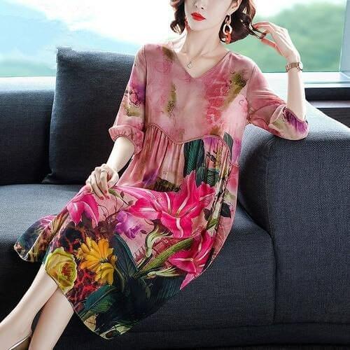2021 New Female Summer Imitation Silk Dress Women Beach Floral Print Dress Elegant Korean Fashion Party Dresses Vestidos Y93