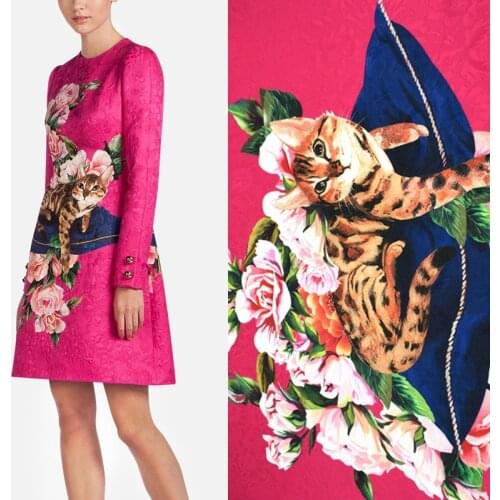 98*142cm/Pcs Rose Red Lovely Cat Digital Painting Print Peony Jacquard Fabric For Dress Christmas Fabrics Patchwork Tissus Tela