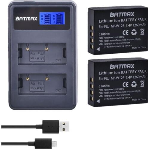 Batmax 2Pc NP-W126 NPW126 Battery akku +LCD Dual USB Charger for Fujifilm X-Pro1 X-E1 X-E2 X-M1 X-A1 X-A2 X-T1 X-T10 X-T20