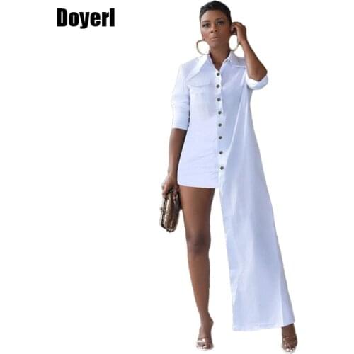 White Asymmetrical Shirt Dress Women Long Sleeve Cotton Blouse Turn Down Collar Button Up Shirt Dress Mini Casual Party Dress