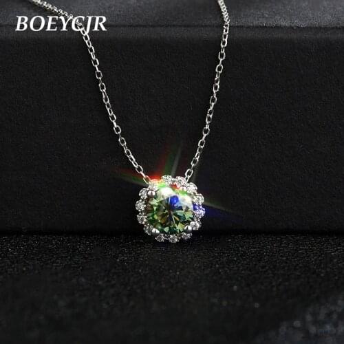 BOEYCJR 925 Silver flower 1ct/3ct Green Moissanite VVS1 Engagement Elegant Wedding Pendant Necklace for Women Anniversary Gift