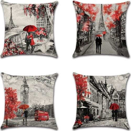 Cushion Cover 45x45cm Throw Pillow Covers Black & Red Paris Eiffel Tower Couple Red city landscape Decorative Pillow Cases