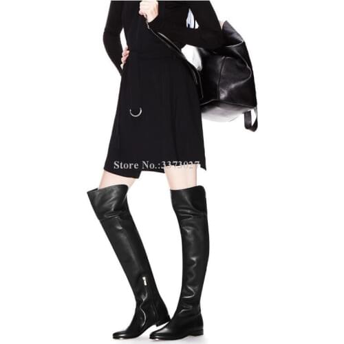 Black Leather Woman Flat With Long Boots Fashion Round Toe Over the Knee Knight Boots Lady Large Size Casual Boots