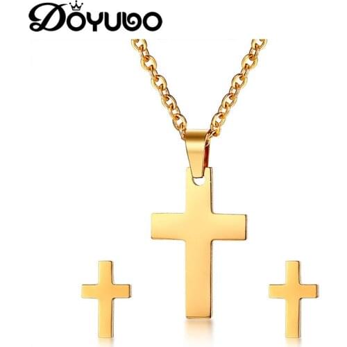 DOYUBO Simple Style Women Stainless Steel Jewelry Sets Gold Color Cross Shape Pendant Necklaces & Earrings Fine Jewelry DG011