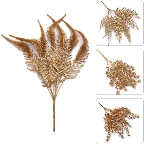 Artificial Plant Gold Silver Leaves Christmas Wedding Decorative Fake Flower Floral DIY Accessories