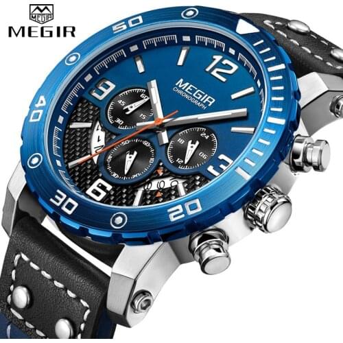 MEGIR New Fashion Blue Men Watch Luxury Brand Chronograph Male Military Sport Waterproof Watch Analog Quartz Relogio Masculino