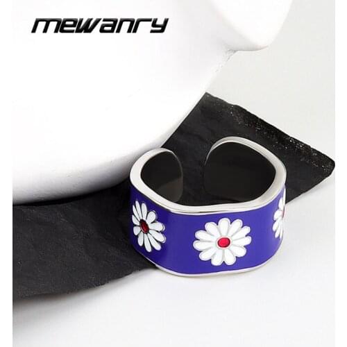 Mewanry 925 Sterling Silver Wide Rings for Women Summer New Trend Unique Blue Glue Flowers Pattern Party Jewelry Gift Wholesale