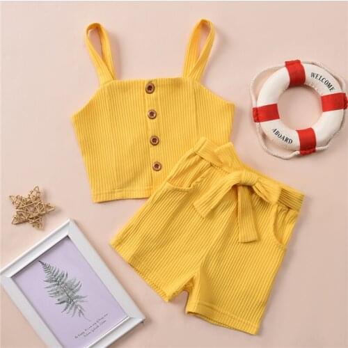 Summer Lovely Kids Girls Clothes Sets 0-5Y Solid Sleeveless Single Breasted Sling Tops Bow Shorts 2pcs