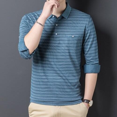 Mens long sleeve polo pole, light, soft, comfortable, striped viscose, breathable with buttons, front pocket, casual