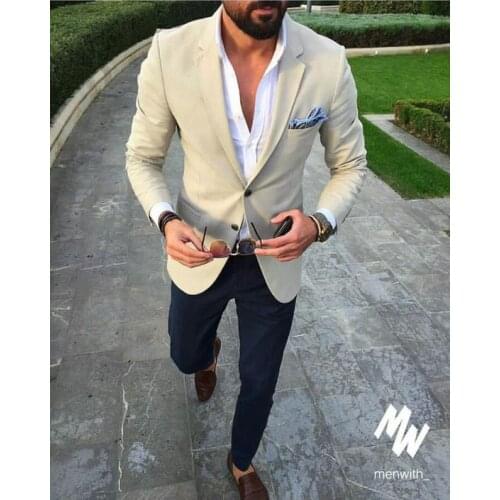 2019 Tailored Made Slim Fit Casual Beach Men Suits Beige Best Man Blazer Navy Blue Pants 2 Pieces Party Prom Men Wedding Suits