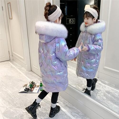 2021 New Winter Shiny Jacket For Girl clothes Hooded Warm Children parka faux fur Coat Kids Cotton waterproof Outerwearclothing