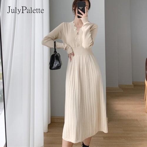 JulyPalette New Knitted Dress Women 2021 Autumn Winter V-neck Button High Waist A-line Dress Elegant Ladies Solid Sweater Dress