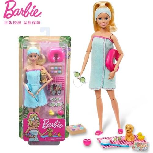 Original Barbie Doll Toys Spa Day Bath Doll Puppy Dog Articulated Blond Girl Bath Accessories Kids Toy Gifts GJG55