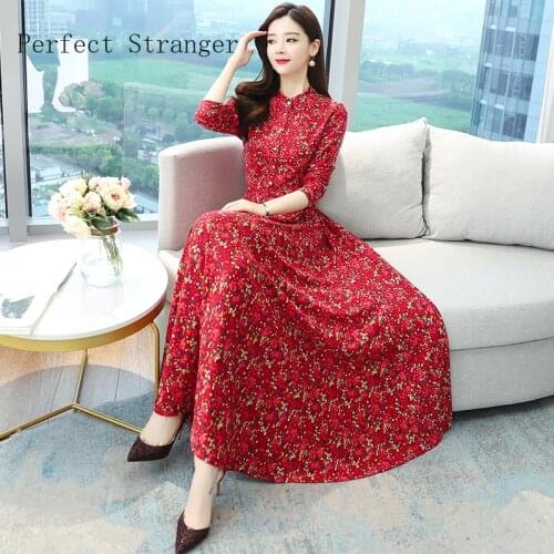 2021 Autumn New Arrival Hot Sale Women Long Sleeve Dress Retro Floral Printed Dress Elegant Cotton Linen Long Dress