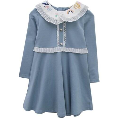 Fall Girls Dresses For 2-8Yrs Kids Clothes Girl Full Sleeve Lace Embroidery Peter Pan Collar Princess Dress Baby Elegant Dress