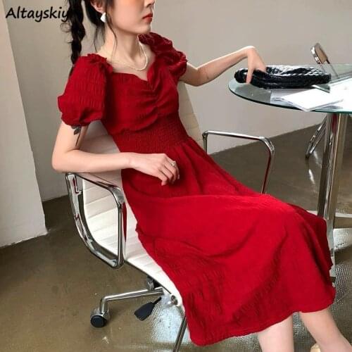 Dresses Women Summer Stylish High Waist Retro Midi French Sexy Solid Puff Sleeve Temperament Elegant Womens Femme Korean Party