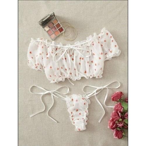 Porno Womens Sexy Lingerie Mesh Bra Set Off Shoulder Ruffle Underwear Cute Wireless Transparent Bralette Thong Intimates