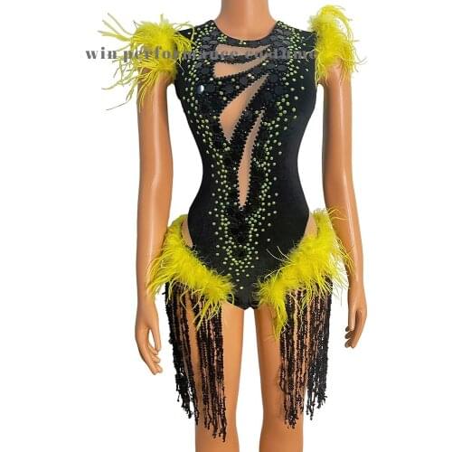 Yellow Feather Rave Bodysuit Rhinestone Stage Costume SexyHollow Out Dj Ds Dancer Outfit Singer Dress Pole Dance Clothing Women
