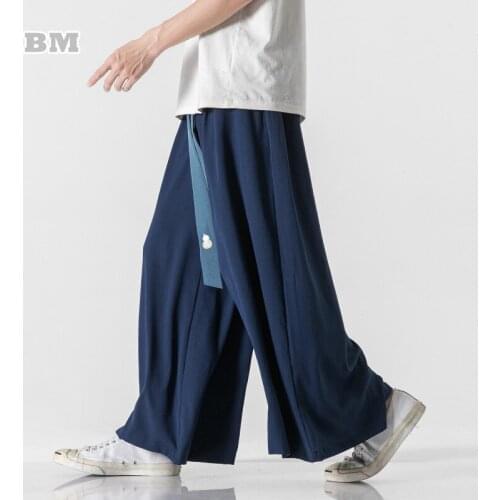 Chinese Traditional Costume Sashes Design Thin Plus Size Ice Silk Hakama Retro Hanfu Tai Chi Kung Fu Casual Trousers Men Clothes