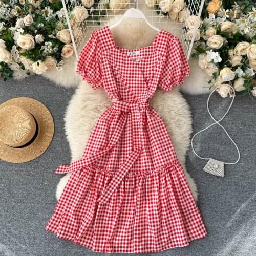 Women Summer Fashion Casual Cute Short Puff Sleeve Medium Long A Line Plaid Print Dress