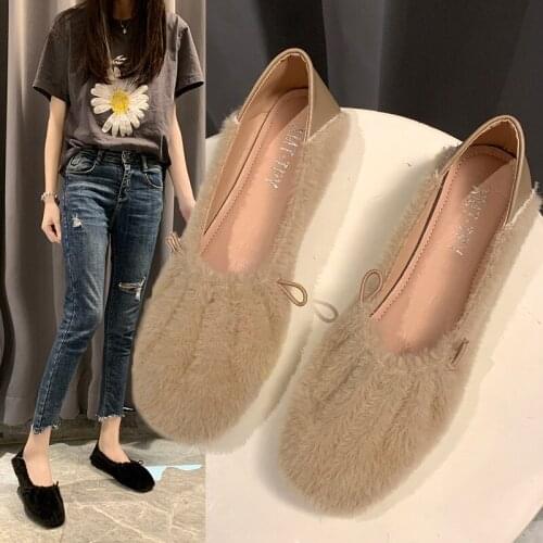 2021 Elegant Fur moccasins femme winter shoes women sneakers slip on elastic band flats woman two ways square toe fluffy loafers