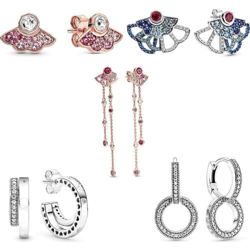 925 Sterling Silver Earring Blue & Pink Fan Statement Pandora Earrings For Women Wedding Party Fashion Jewelry