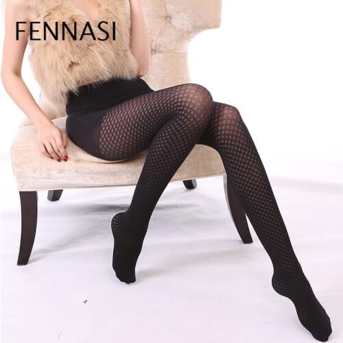 FENNASI Jacquard Mesh Womens Tights Grid Plaid Pattern Nylons Lady Sexy Pantyhose High Waist Female Erotic Black Tights