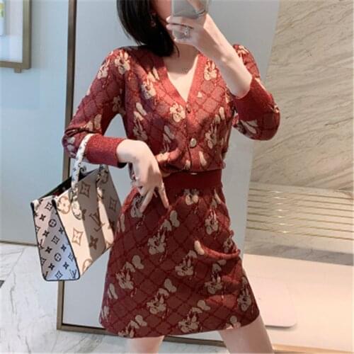 New Women Two-piece Sweater Fall Casual V-neck Single Breasted Cartoon Jacquard Knitted Female Ice Silk Suit Skirt Sweaters