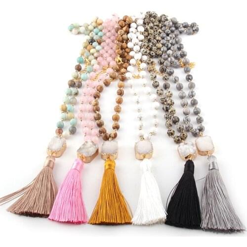 MOODPC Fashion Bohemian Jewelry Stone Rosary Chain Square /Oval Druzy Link Long Tassel Necklaces Women Ethnic Necklace