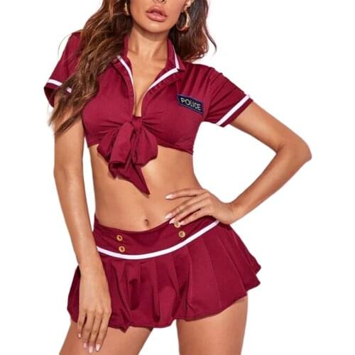 Women Sexy Lingerie Cosplay Police Women V-Neck Short Sleeve Crop Top+ T-Back+ Short Skirt Red/White/Blue 3 Pieces Set