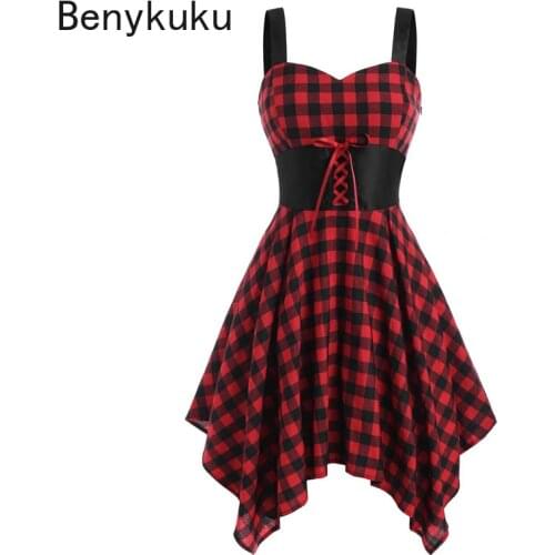 Red Plaid Vintage Women Elegant Asymmetrical Hem Dress 2020 Summer Ladies Slim Waist Retro Short Dresses Female Punk Streetwear