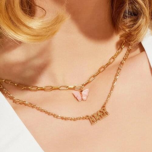 Gold Color Layered Necklace Fashion Acrylic Butterfly Chokers Necklaces For Women Angel Letter Pendant Necklace Butterfly Choker