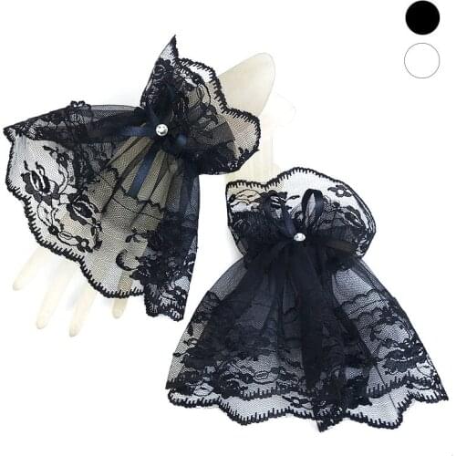 1 Pair Halloween Gothic Black Lace Wrist Cuffs Bracelets Party Sunscreen Rhinestone Bowknot Fingerless Gloves for Women