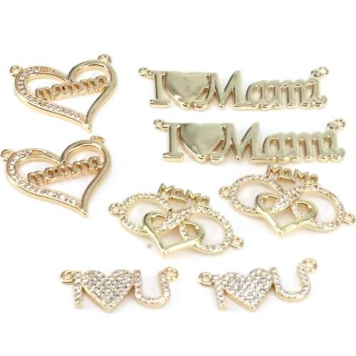 10Pcs Gold Color Crystal Heart I Love U Letters Mama Pendants Vintage Minimalist Charms CZ Pave Pendant Beads Diy Accessories