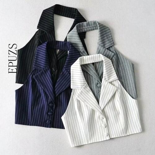 2021 Womans Tops Notched Collar Stripped Office Lady Crop Tops with Bottons Stretchy Summer Halter Tops Black Navy Cute Tops