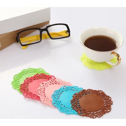 6*New Hot Silicone Coasters 6 Pack Color Random Round Cup Mat Lace Cup Color Vary Romantic Elegant Stain Resistant New