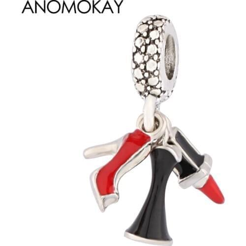 Anomokay Romantic Red High Heel Charm Pendant fit Bracelet Bangle Red Lipstick Bead Dangles for Women Girl Jewelry DIY Gift