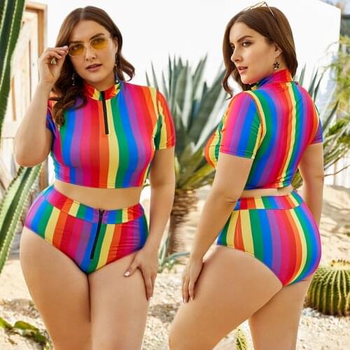 Large Size Conservative Split Swimwear Seaside Hot Spring Swimming Pool Color Striped High Waist Cover Belly Slim Swimsuit SW247