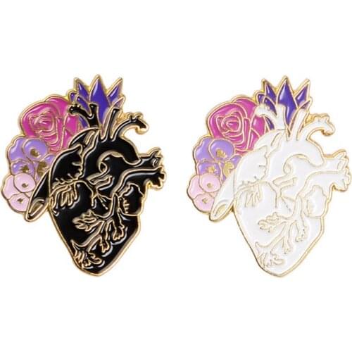 Fashion rose bouquet design heart brooch Punk clothes Enamel badge Abstract art Gifts for lovers friends A pair of pins