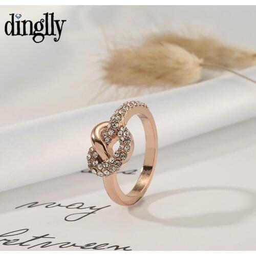 Dinglly Fashion Rose Gold Rhinestonel Entangle Heart Rings For Women Couple Friendship Stackable Ring Wedding Engagement Jewelry