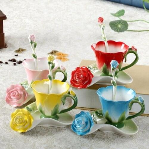 Best 3D Rose Shape Flower Enamel Ceramic Coffee Tea Cup and Saucer Spoon High-grade Porcelain Cup Creative Valentine Gift Design
