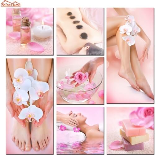 ShineHome-7pcs Wall Art Canvas Printing Modular Paintings Spa Body Nail Salon Massage Artwork Pink Pictures Canvas Prints Panel