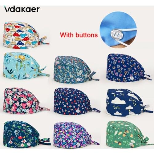 Cotton Multicolor Cartoon print hat adjustable Scrub cap beauty salon nursing cap laboratory pet shop With Buttons scrub hat