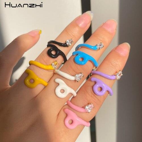 HUANZHI 2021 INES New Zircon Color Drip Oil Glaze Enamel Snake Golden Rhinestone Metal Open Rings for Women Girls Party Jewelry
