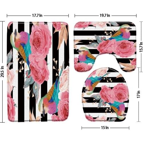 Flower And Bird Bath Mat Black And White Stripes Background Bathroom Mats 3-Piece Set Shower Rug Toilet Carpet Bathroom Products