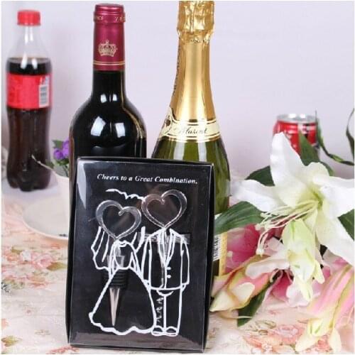 2016 HOT Bride and Bridegroom Bottle Stopper and Opener Two Hearts Wine Favor Set Wedding Favor Free shipping