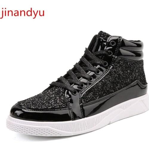 Fashion Bling Ankle Boots Casuales High Top Sneakers Cowboy Boot Homme Lace Up Gold Sliver Black Motorcykle Boots for Men Male