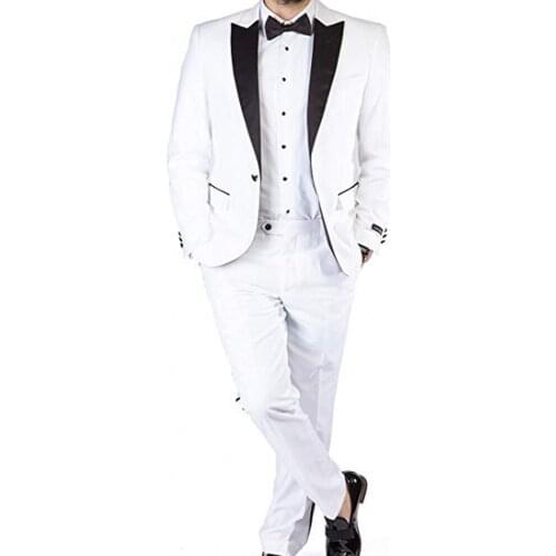 Custom Made Men Suits White Groom Tuxedos Peak Black Lapel Groomsmen 2 Pieces Wedding Best Man ( Jacket+Pants+Tie ) C964