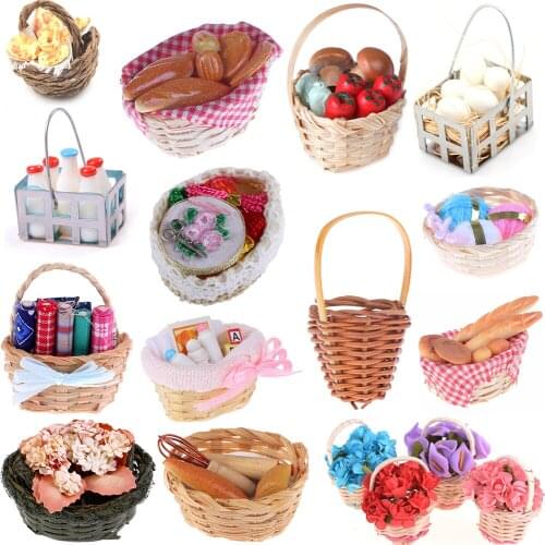 New Trash Cans Bath Fruit Bamboo Bread Toast hot dog Egg Sewing Tools Weaving Storage Basket Dollhouse Furniture Toys